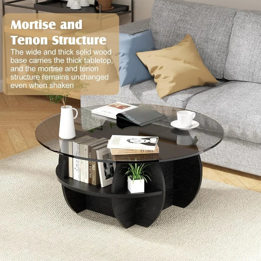 Round Coffee Table Modern Coffee Table Glass Top with Solid Wood Base Large Rustic Circle Center Cocktail Table Unique Accent G