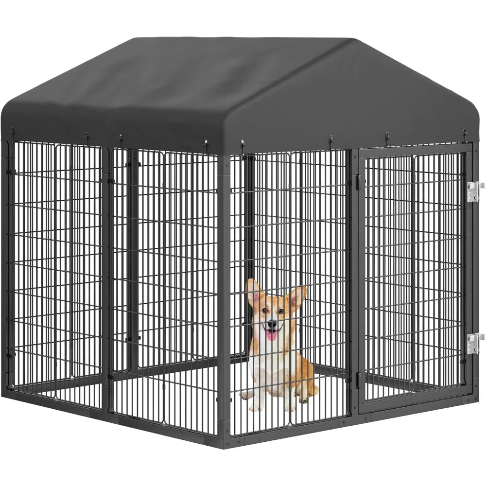 Large Outdoor Dog Enclosure, Heavy Duty Dog Cage with Roof, Galvanized Steel Dog Kennel Fence with Double Safety Locks (50x48x54