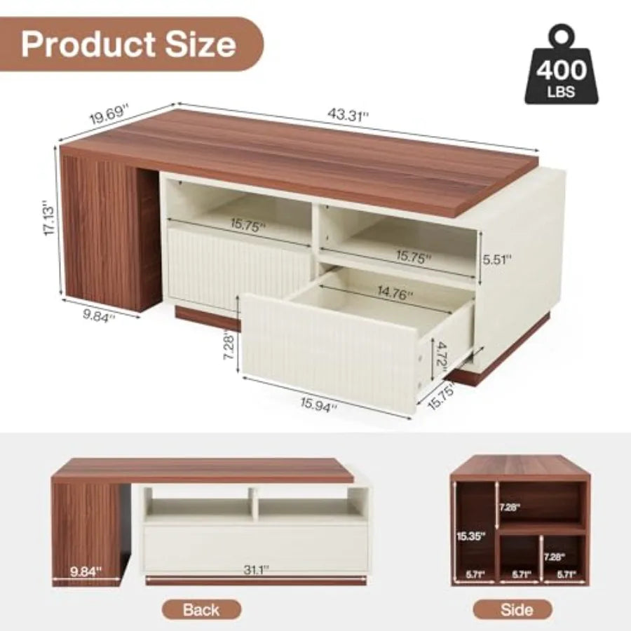 Extendable Coffee Table with Storage Reversible Living Room Table with 2 Drawers Shelves Large Center Table for Living Room Whi