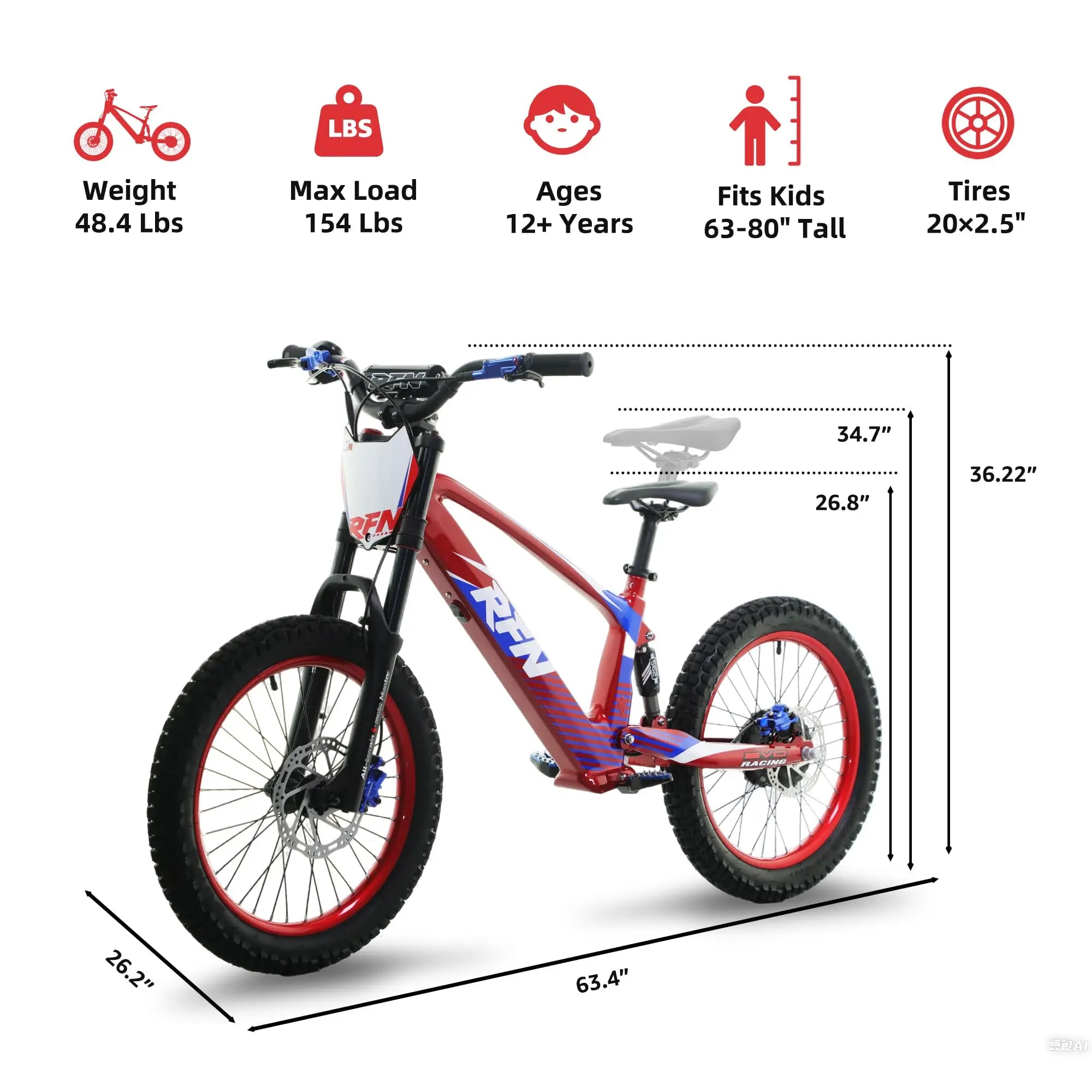 RFN Racing 18 Electric Dirt Bike For Kids - 36V 3-Speed Stunt Jump Bike - Lightweight Aluminum Frame Electric Bike For Age 14+