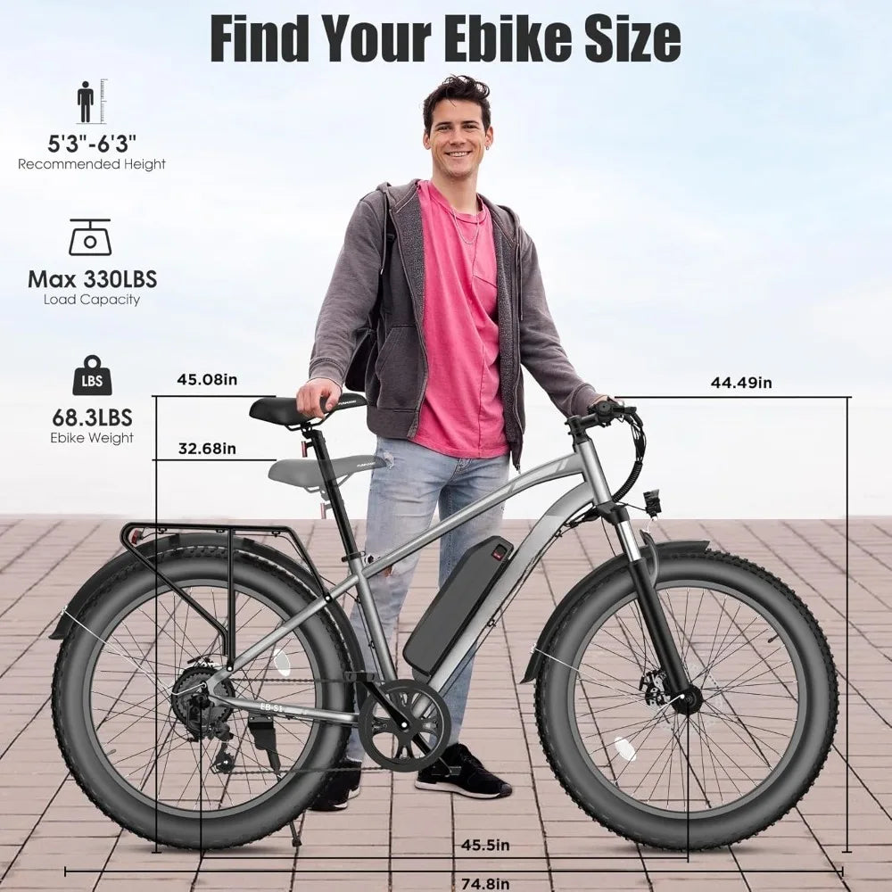 Electric Bike for Adults, Peak 1000W Ebike, 25MPH 60Miles Electric Mountain Bike, 26" Fat Tire Electric Bicycle with 48V 13AH
