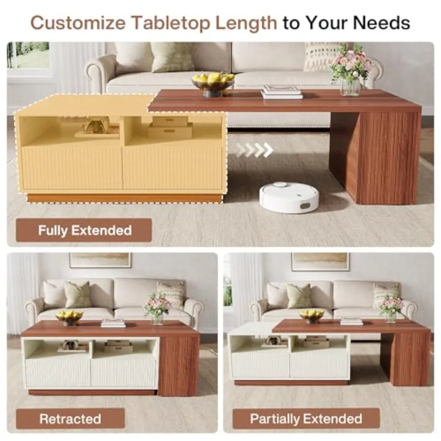 Extendable Coffee Table with Storage Reversible Living Room Table with 2 Drawers Shelves Large Center Table for Living Room Whi