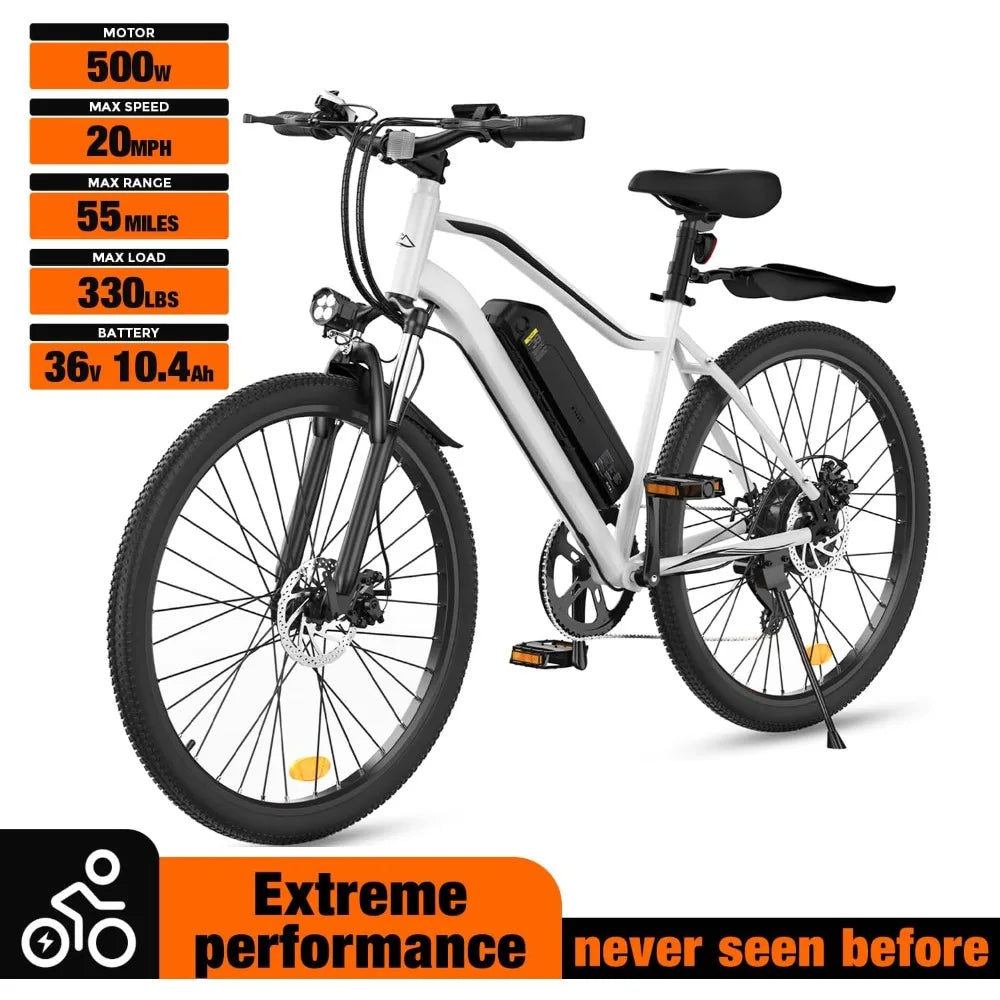 Electric Bike - 500W/1000W Peak Motor Electric Bicycle, 20MPH, 55/60 Miles, Removable Battery, Shock Absorber, 5/7-Speed