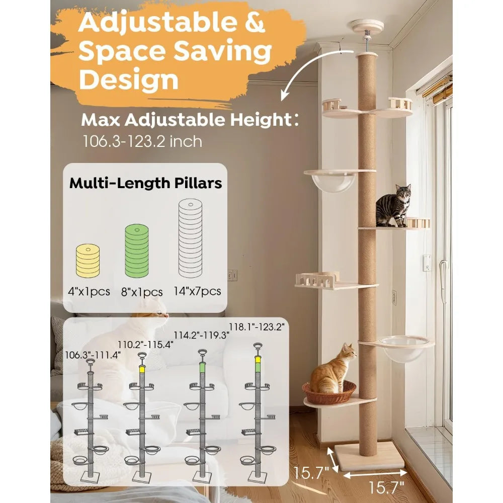 Adjustable Tall Cat Tree for Floors to Ceilings, 106-123 Inches, with Durable 4.3 Inch Thick Scratching Posts and Floor Mat