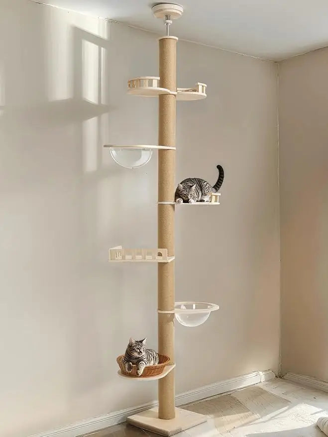 Adjustable Tall Cat Tree for Floors to Ceilings, 106-123 Inches, with Durable 4.3 Inch Thick Scratching Posts and Floor Mat
