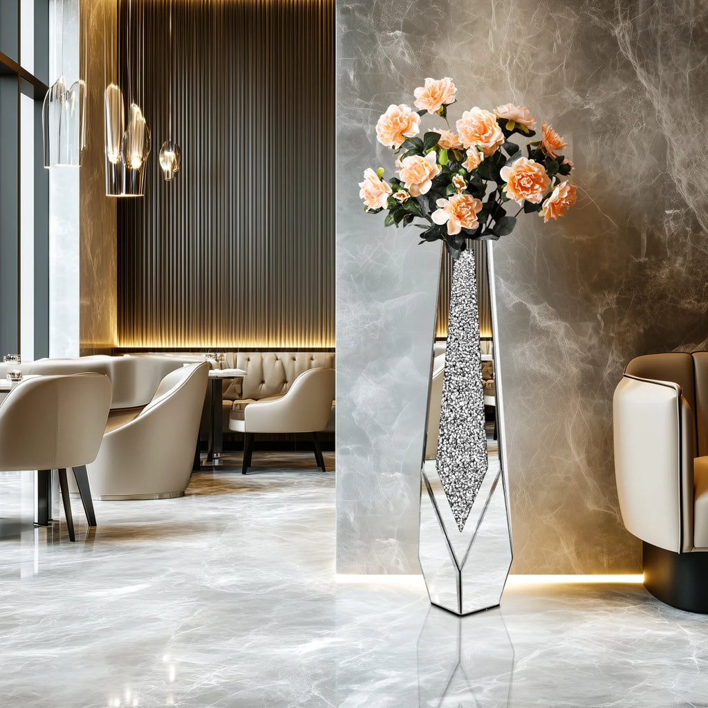 2 Shapes 68CM Crushed Diamond Decorative Mirrored Floor Vase Crystal Silver Glass Flower Vase for Pampas Grass Artificial Flower