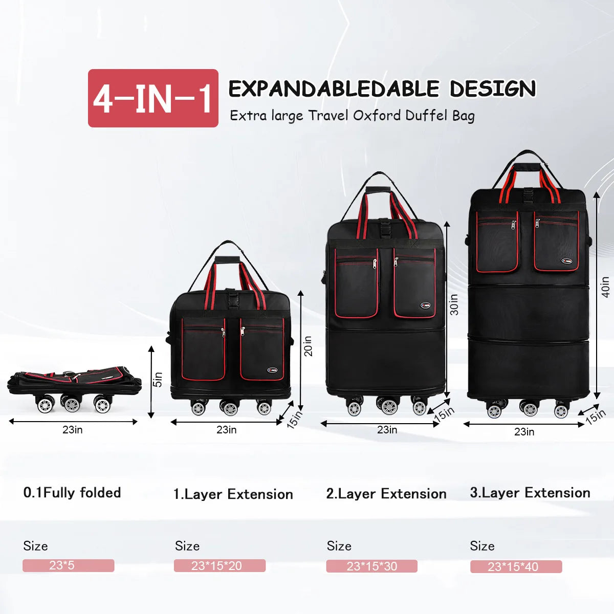 Foldable Travel Bag Hand Carry Duffel Bag with Wheels Expandable Rolling Travel Bag Large Capacity Waterproof Luggage Bag