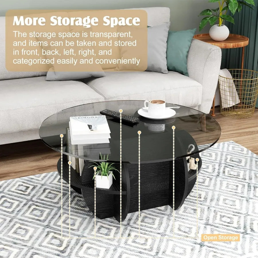 Round Coffee Table Modern Coffee Table Glass Top with Solid Wood Base Large Rustic Circle Center Cocktail Table Unique Accent G