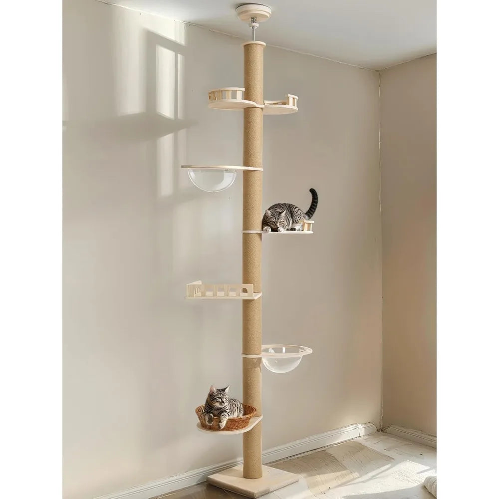 Adjustable Tall Cat Tree for Floors to Ceilings, 106-123 Inches, with Durable 4.3 Inch Thick Scratching Posts and Floor Mat