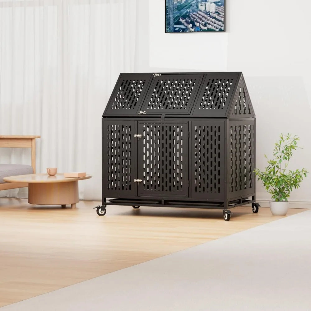 44 inch heavy duty indestructible dog crate steel escape proof chew proof cage, indoor double door kennel for high anxiety large