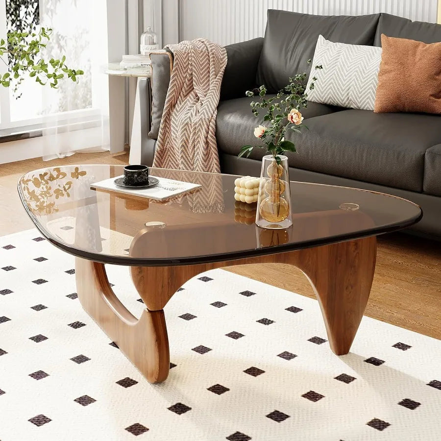 Coffee Table for Living Room Mid Century Modern Center Table with Glass Top and Oak Wood Brown Walnut