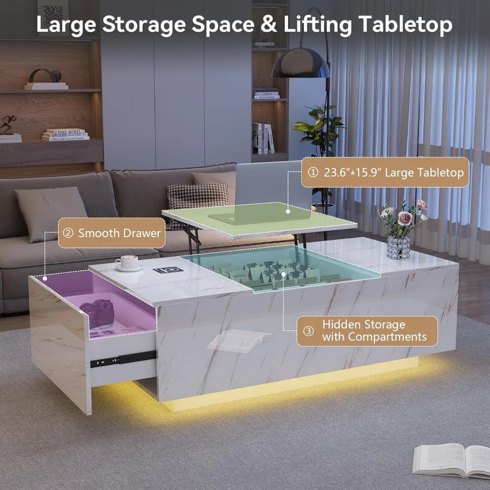 47.2" Lift Top Coffee Table with Storage, Modern High Glossy LED Coffee Tables with Wireless Charging and Speaker, White Living