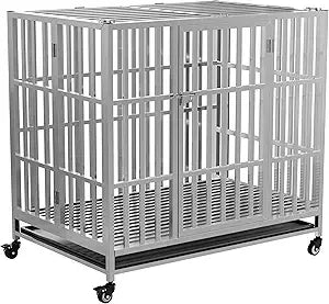 37" 42" 48" heavy duty dog cage stainless steel metal kennel and crate, collapsible for medium to large dogs, easy to assemble p