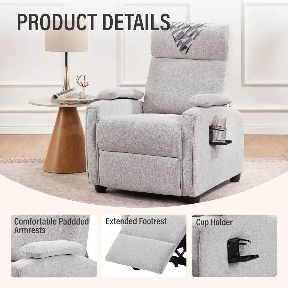 Recliner Chair with Cup Holder for Adults, Fabric Small Reclining Chair Home Theater Seating, Adjustable Modern Single Sofa Arm