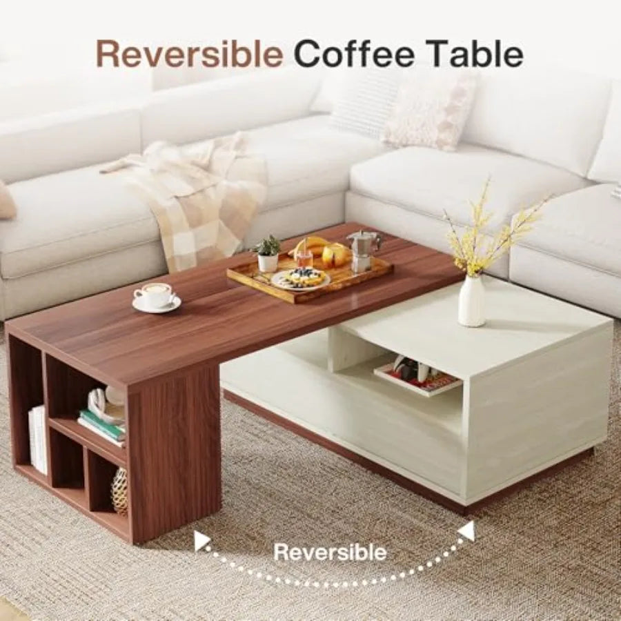 Extendable Coffee Table with Storage Reversible Living Room Table with 2 Drawers Shelves Large Center Table for Living Room Whi