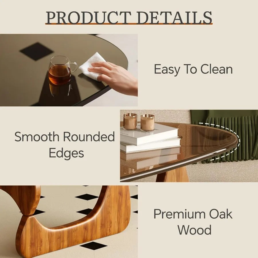 Coffee Table for Living Room Mid Century Modern Center Table with Glass Top and Oak Wood Brown Walnut