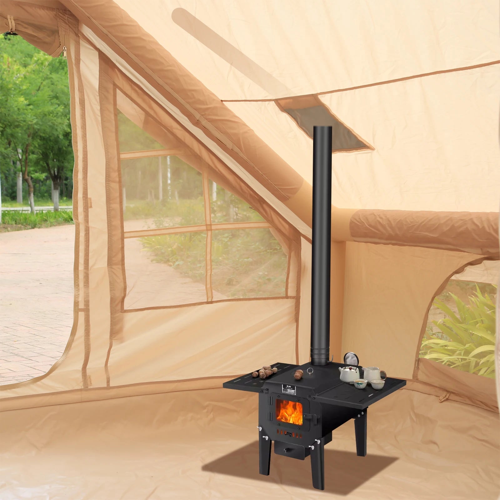 Inflatable Tent for Camping,4/6 Person Blow Up Air Glamping Room Tent House with Stove