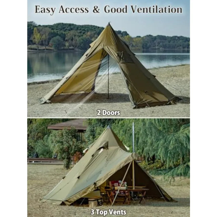 Hot Tent Tipi Teepee Tent with Stove Jack 70D Ripstop Nylon PU3000mm Waterproof Lightweight for 24 Person 4 Season Backpacking