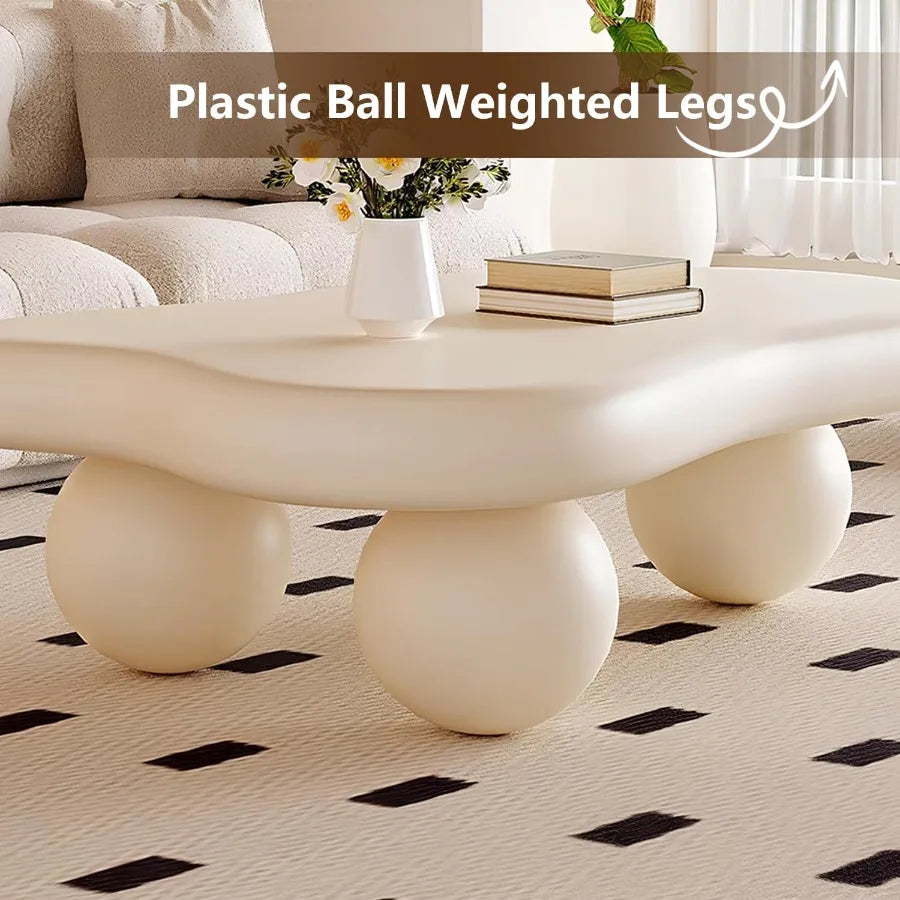 CloudShape Cute Cream White Irregular Coffee Table with 3 Short Legs Modern Live Round Edge Coffee Table for Living Room Bedroo