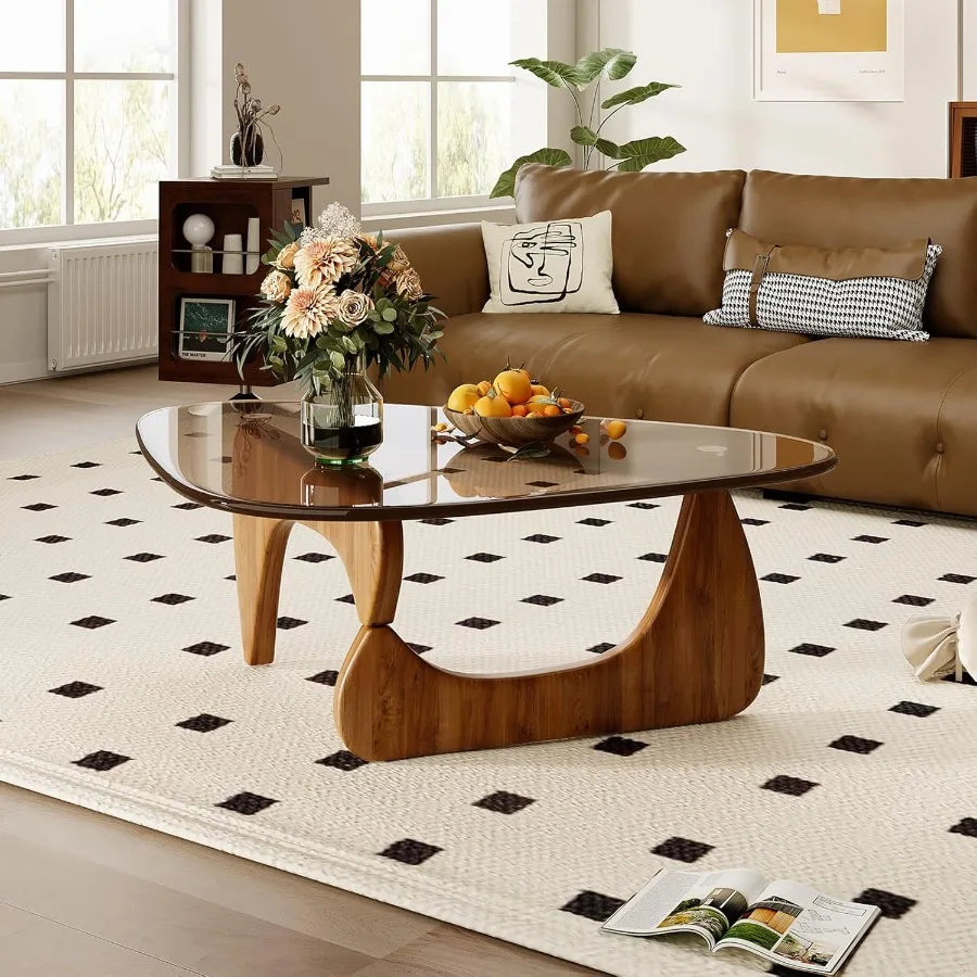 Coffee Table for Living Room Mid Century Modern Center Table with Glass Top and Oak Wood Brown Walnut