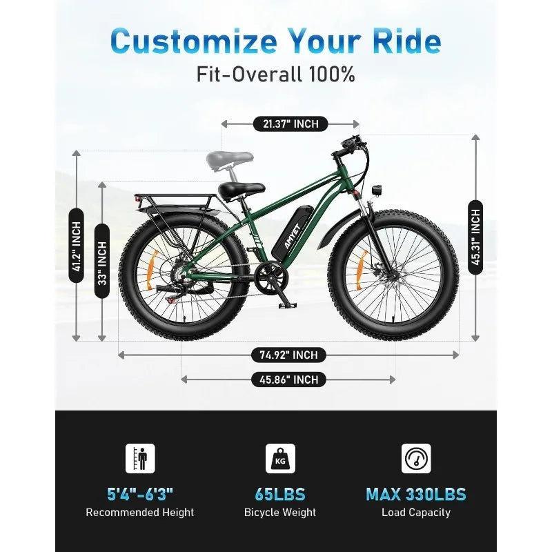 for Adults Peak 1500W Electric Bicycle 48V 15AH (720WH) Battery Electric Bike 26" Fat Tire Mountain 28mph 7 S
