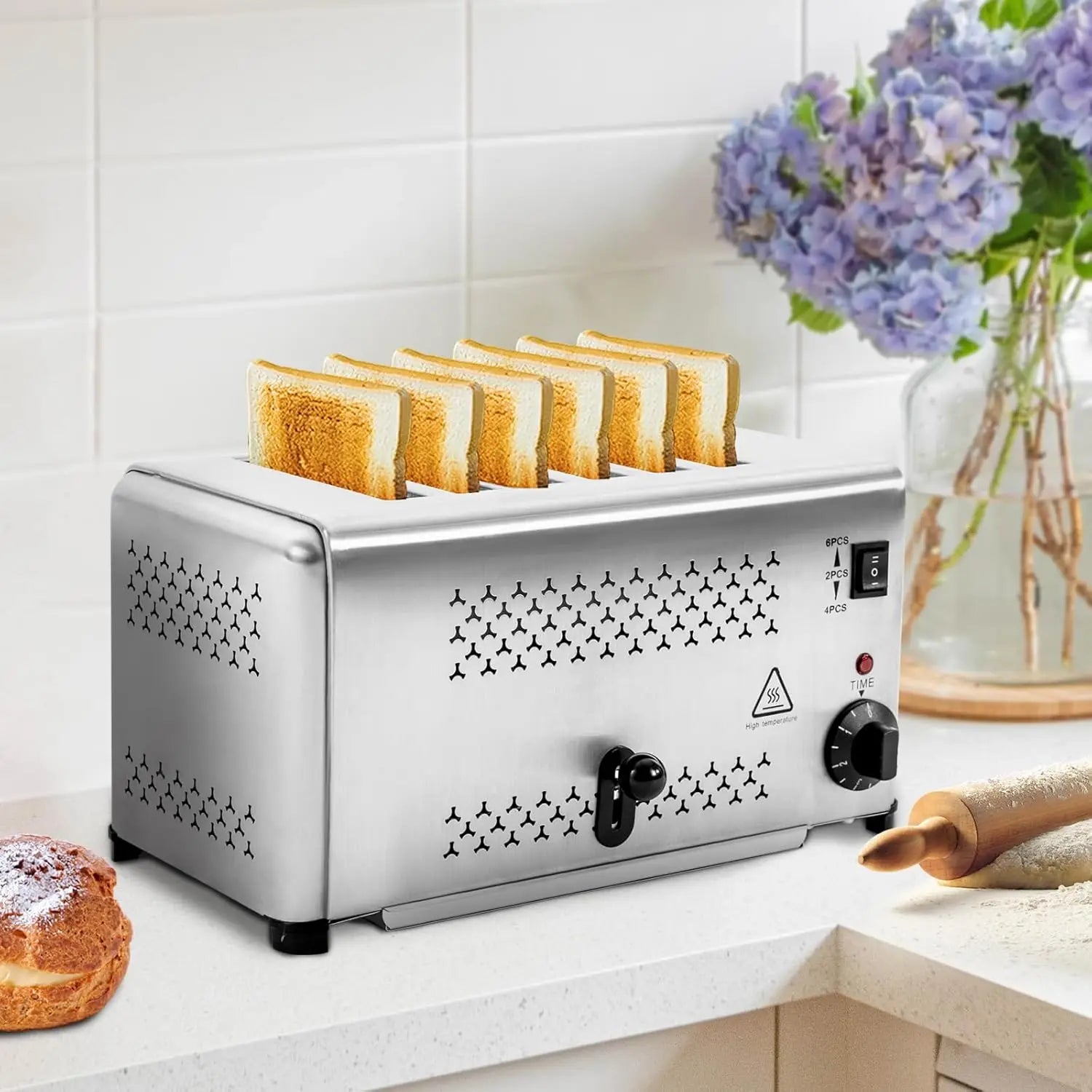Machine, 6-Slice Bread Baking Machine with 1650W Power, Stainless Steel Bread Oven with Five Time Options, Small Toaster with