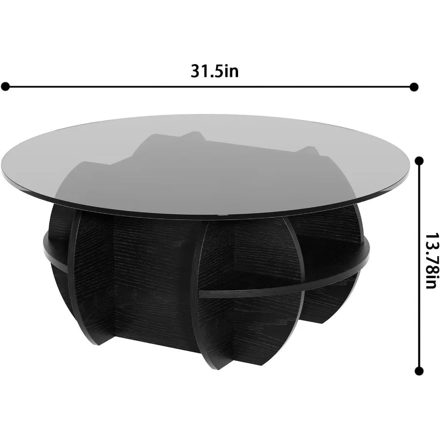 Round Coffee Table Modern Coffee Table Glass Top with Solid Wood Base Large Rustic Circle Center Cocktail Table Unique Accent G