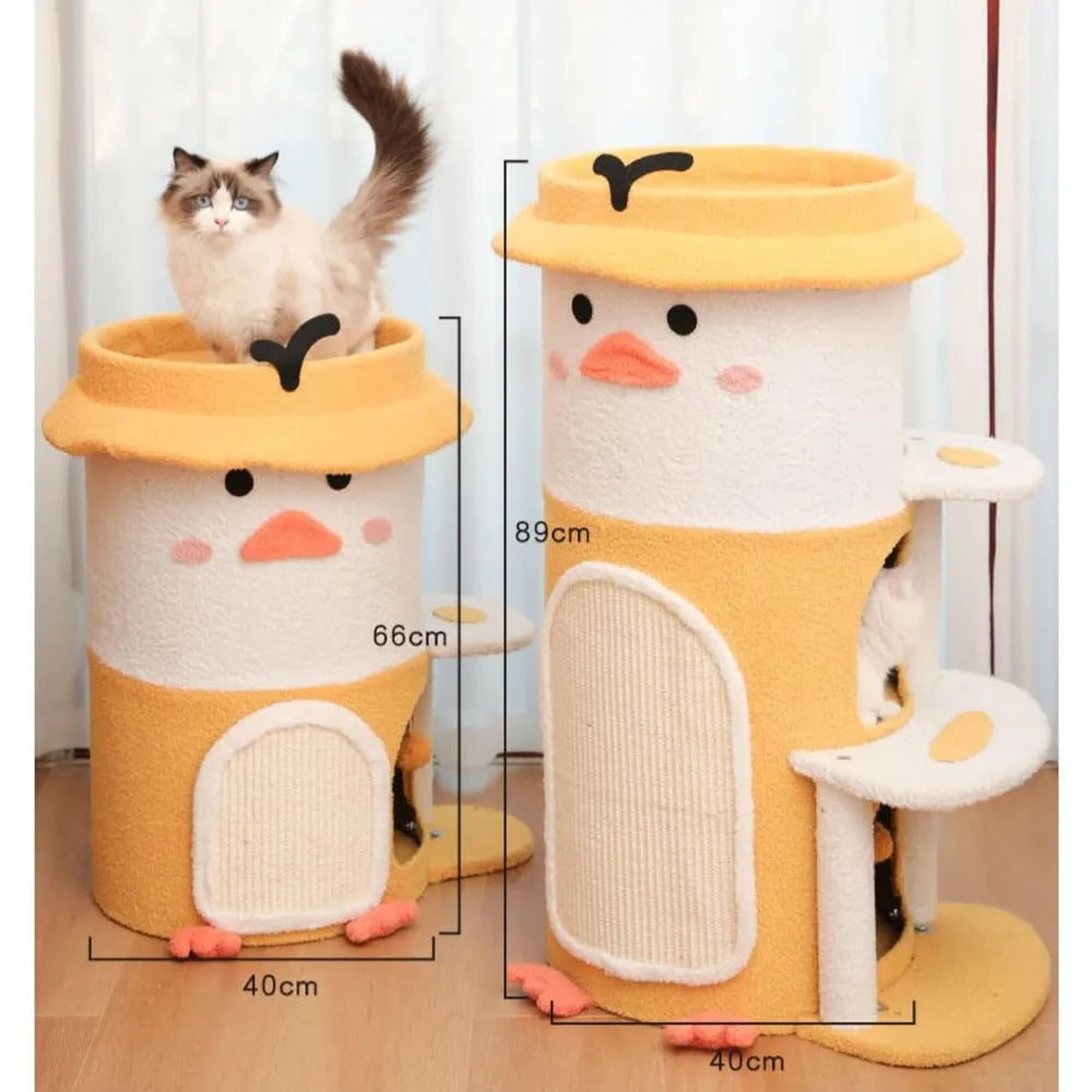 Multifunctional Yellow Duck-Themed Cat Tree and House for Cats Up to 75Kg - Easy Assembly Cat Castle with Cute Design