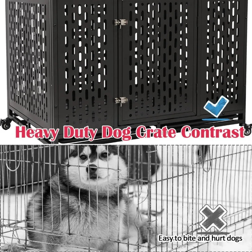 44 inch heavy duty indestructible dog crate steel escape proof chew proof cage, indoor double door kennel for high anxiety large