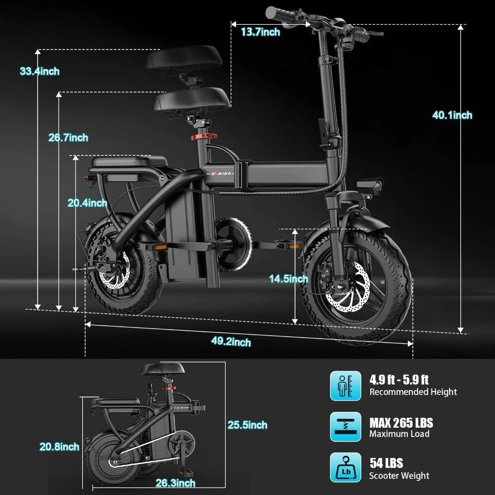 Electric Bike for Adults 1200W Peak Motor, 20MPH Folding Electric Bike, 45 Miles Long Range, 14" Mini Ebike Pedal Assist