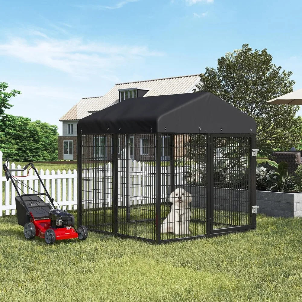 Large Outdoor Dog Enclosure, Heavy Duty Dog Cage with Roof, Galvanized Steel Dog Kennel Fence with Double Safety Locks (50x48x54