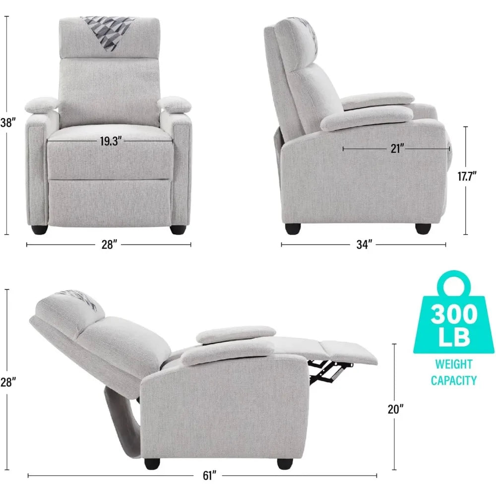 Recliner Chair with Cup Holder for Adults, Fabric Small Reclining Chair Home Theater Seating, Adjustable Modern Single Sofa Arm
