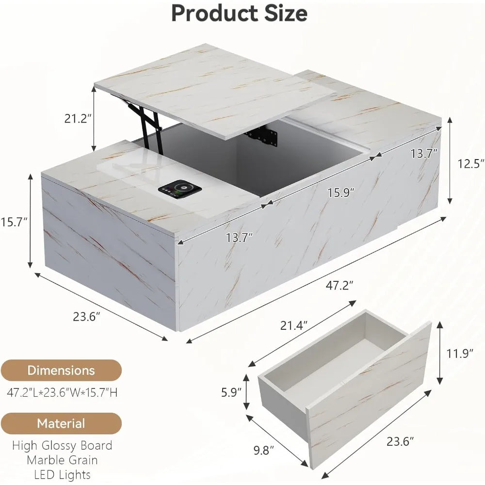 47.2" Lift Top Coffee Table with Storage, Modern High Glossy LED Coffee Tables with Wireless Charging and Speaker, White Living