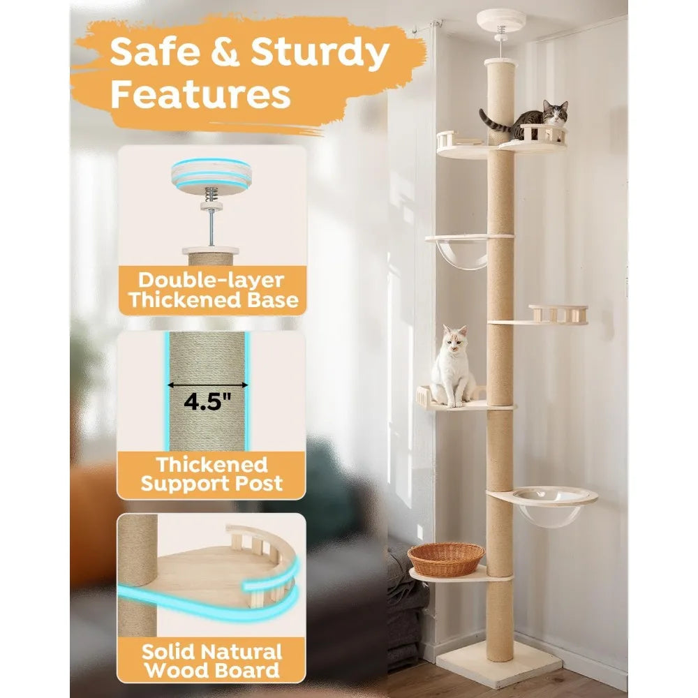 Adjustable Tall Cat Tree for Floors to Ceilings, 106-123 Inches, with Durable 4.3 Inch Thick Scratching Posts and Floor Mat