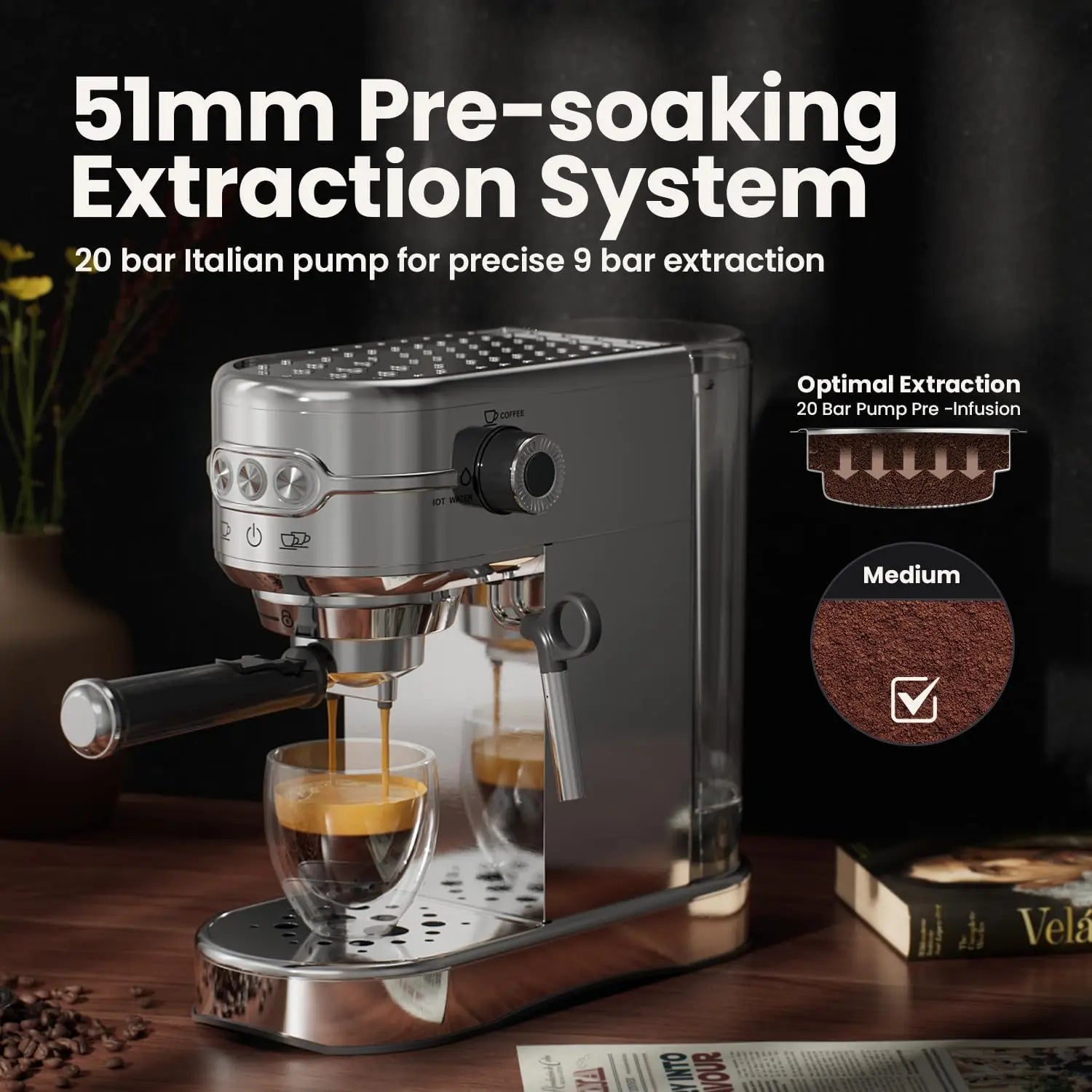Espresso Machine - 20Bar Coffee Maker with Foaming Steam Wand: 1450W Compact Semi-Automatic Espresso Maker with 35Oz Removable W