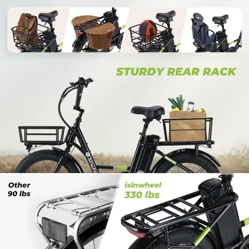 HOME.U7 Electric Bike for Adults, 20 mph Cargo Ebike 1000W Peak Adult Electric Bicycles, 55 Miles Range E Bike, 48V 10.4Ah