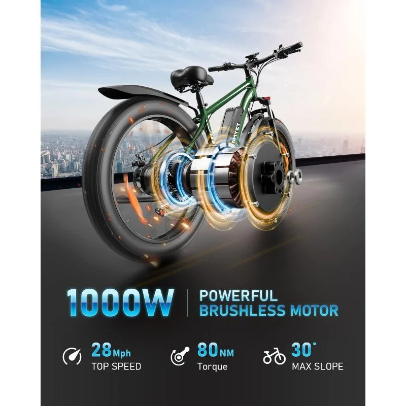 for Adults Peak 1500W Electric Bicycle 48V 15AH (720WH) Battery Electric Bike 26" Fat Tire Mountain 28mph 7 S