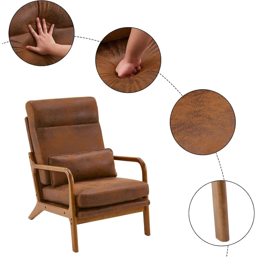 High Back Microfiber Rustic Mid Century Modern Accent Chair, Soild Wood Padding Lounge Armchairs Side Sitting Chairs for Living