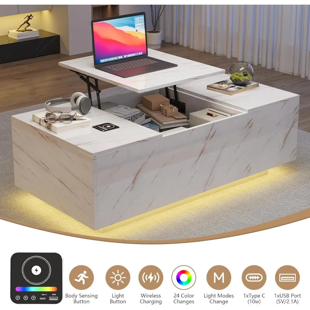 47.2" Lift Top Coffee Table with Storage, Modern High Glossy LED Coffee Tables with Wireless Charging and Speaker, White Living
