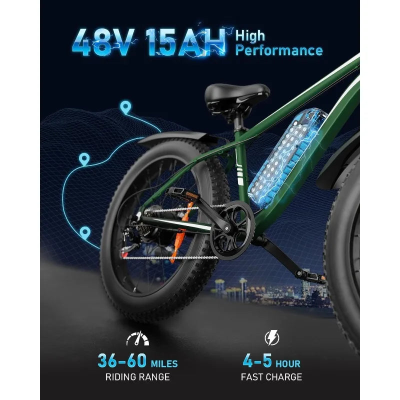 for Adults Peak 1500W Electric Bicycle 48V 15AH (720WH) Battery Electric Bike 26" Fat Tire Mountain 28mph 7 S