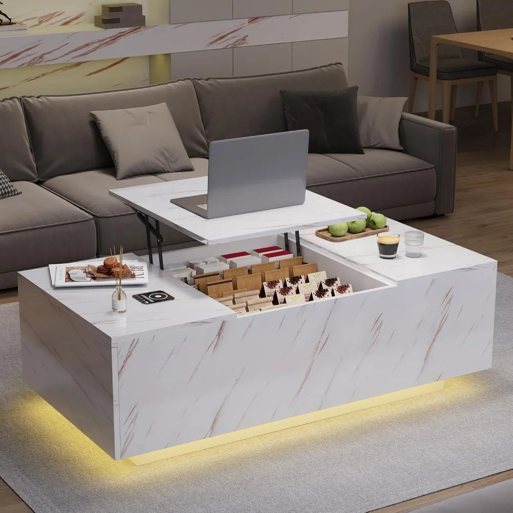 47.2" Lift Top Coffee Table with Storage, Modern High Glossy LED Coffee Tables with Wireless Charging and Speaker, White Living