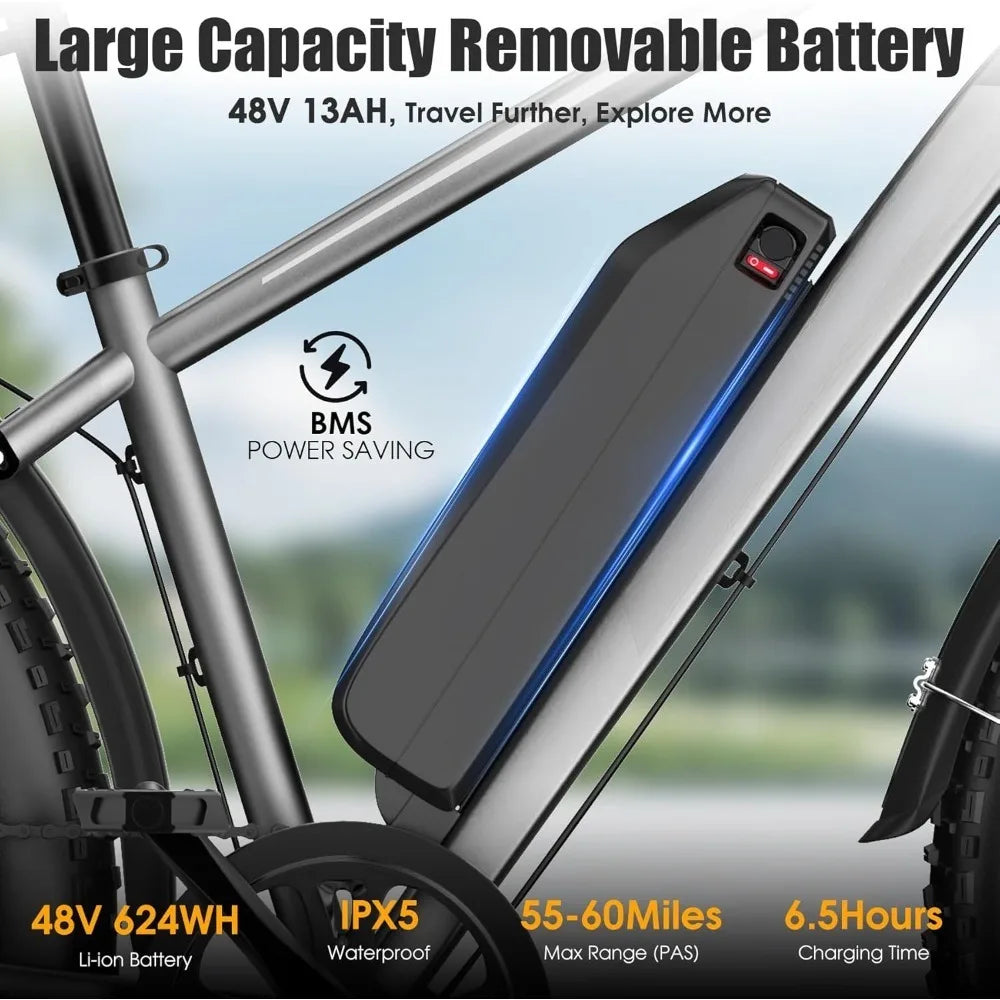 Electric Bike for Adults, Peak 1000W Ebike, 25MPH 60Miles Electric Mountain Bike, 26" Fat Tire Electric Bicycle with 48V 13AH