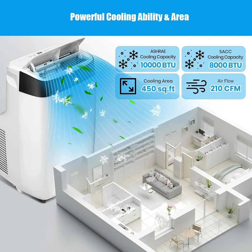 10000 BTU Air Conditioner with Remote Control, Portable AC for Room, Office with Drying, Fan, Sleep Mode, 3 Speeds, 24H Timer