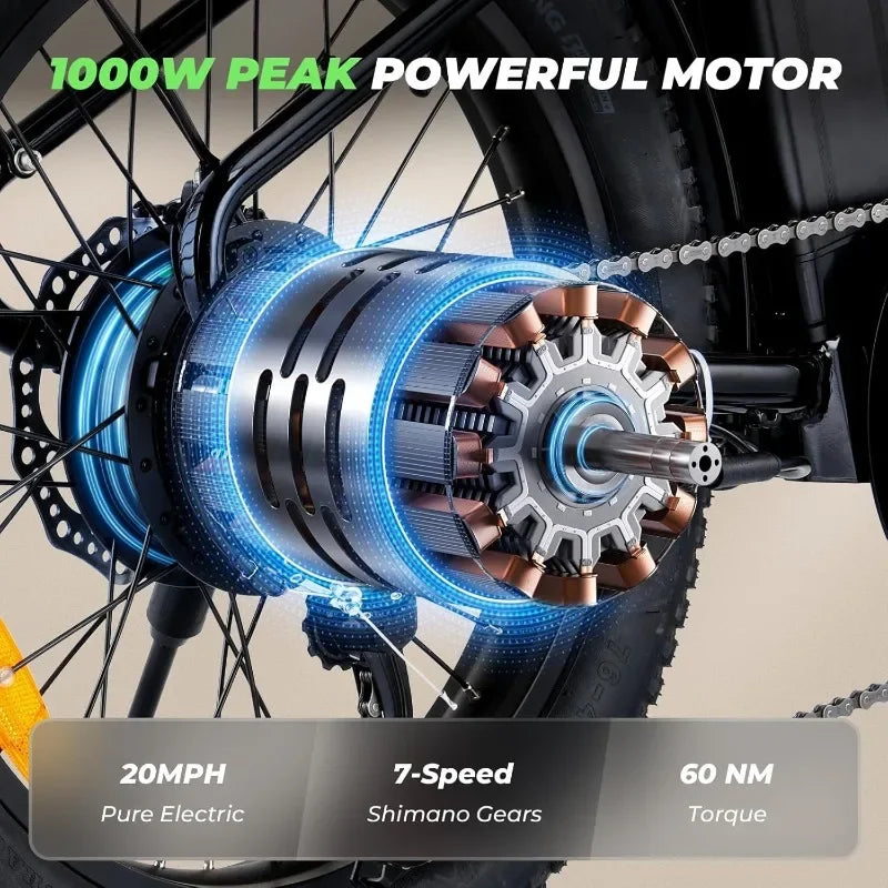 HOME.U7 Electric Bike for Adults, 20 mph Cargo Ebike 1000W Peak Adult Electric Bicycles, 55 Miles Range E Bike, 48V 10.4Ah