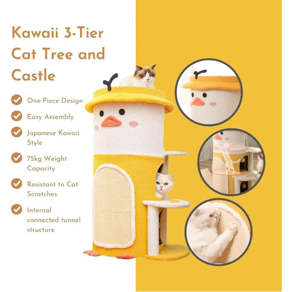 Multifunctional Yellow Duck-Themed Cat Tree and House for Cats Up to 75Kg - Easy Assembly Cat Castle with Cute Design
