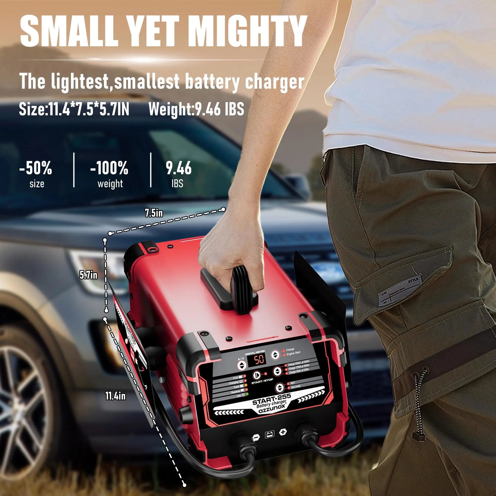 Professional 50-Amp Battery Charger 12V /24V Automotive Charger 250 Cranking Amps Trickle Charger Smart Battery Maintainer