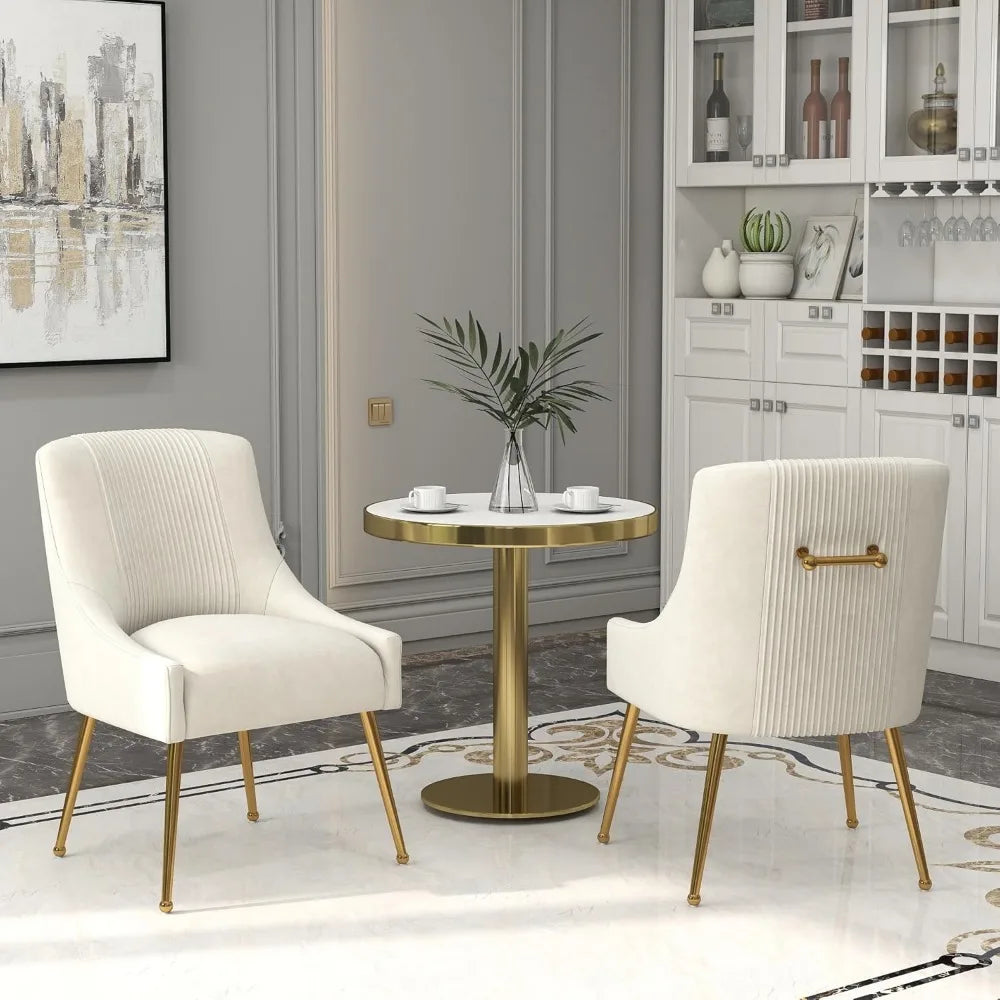 Pair of Velvet-Covered Dining Chairs with Gold Legs for Elegant Living and Reception Spaces