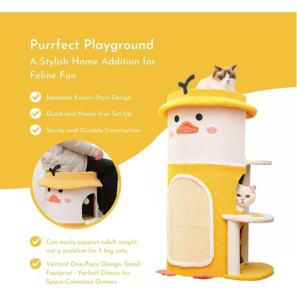Multifunctional Yellow Duck-Themed Cat Tree and House for Cats Up to 75Kg - Easy Assembly Cat Castle with Cute Design
