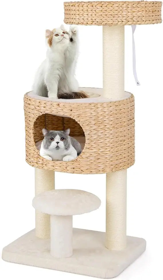 tangkula modern cat tree, 41 inch multi-level cat tower with cattail fluff condo & top perch, hanging toy, bed, removable cushio