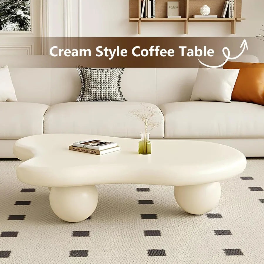 CloudShape Cute Cream White Irregular Coffee Table with 3 Short Legs Modern Live Round Edge Coffee Table for Living Room Bedroo